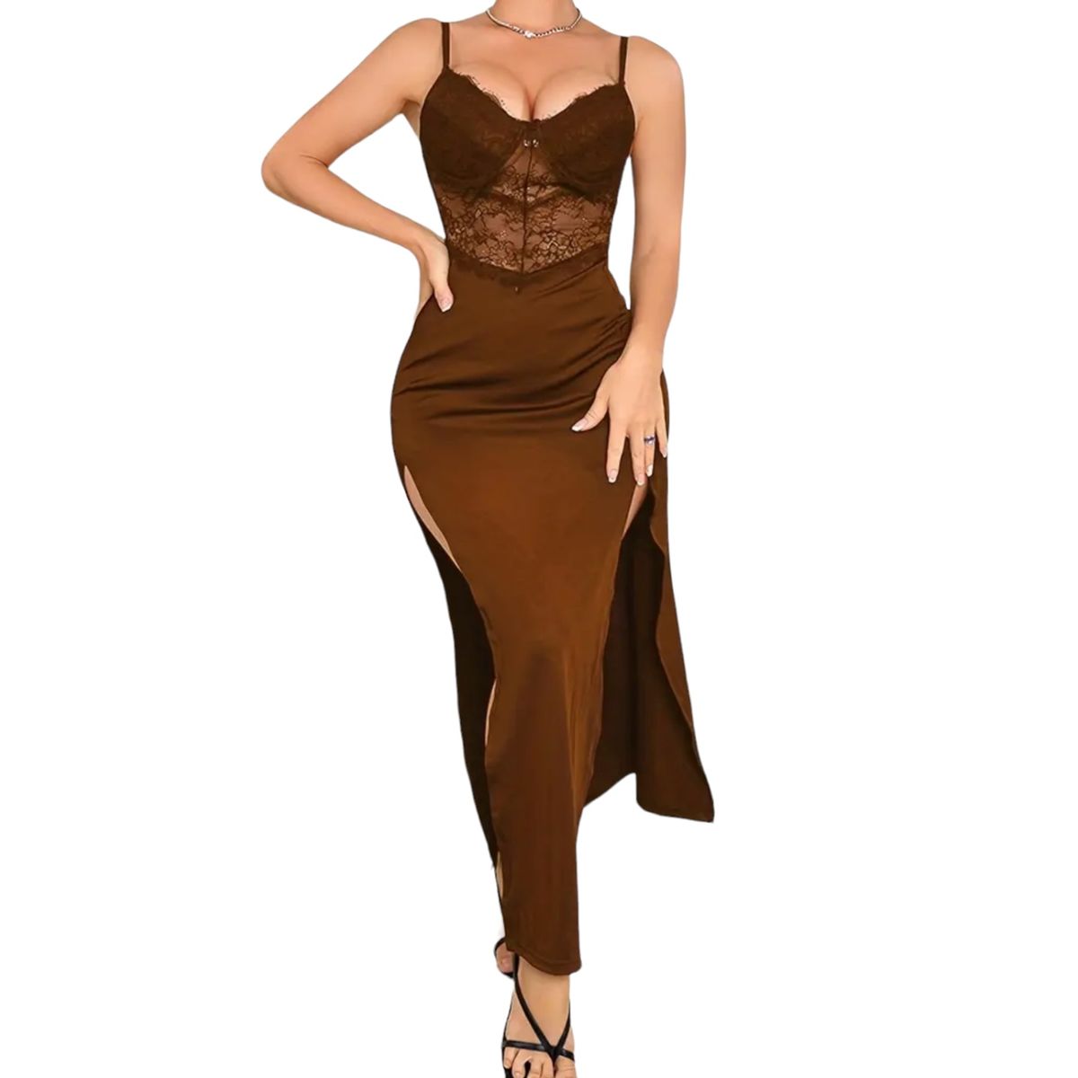 Pleated Sweetheart Corset Bodycon Dress With Slit Taupe main image 1