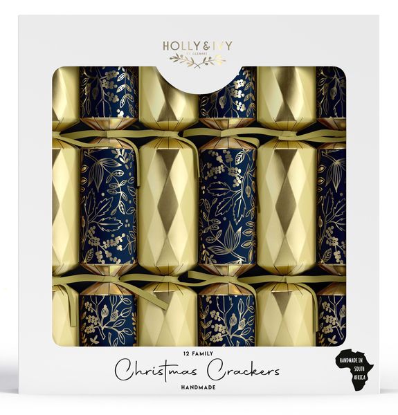 Holly &amp; Ivy Christmas Crackers - Family Blue &amp; Gold Sprigs