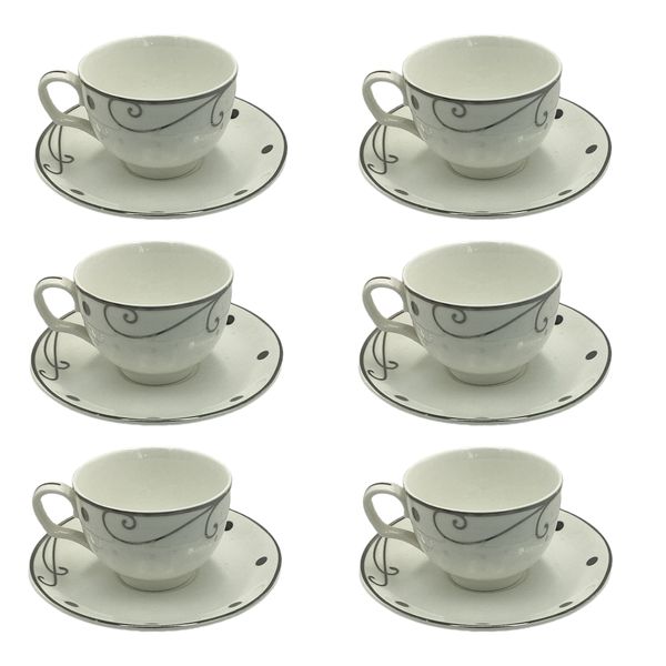 6 Piece Cup &amp; Saucer 200Ml Classic With Silver Dots &amp; Rim