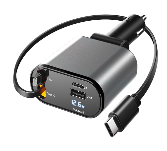 100W Ultra-Fast Car Charger, Retractable, 4-in-1 Universal