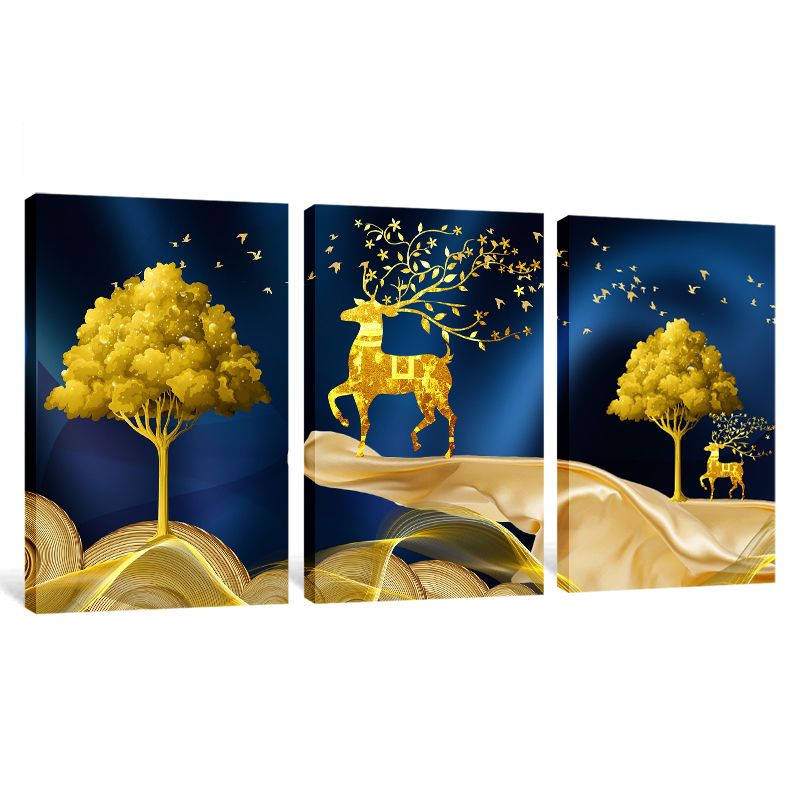 Abstract 3-Piece Blue Gold Tree Deer Living Bed Room Canvas Wall Art ...