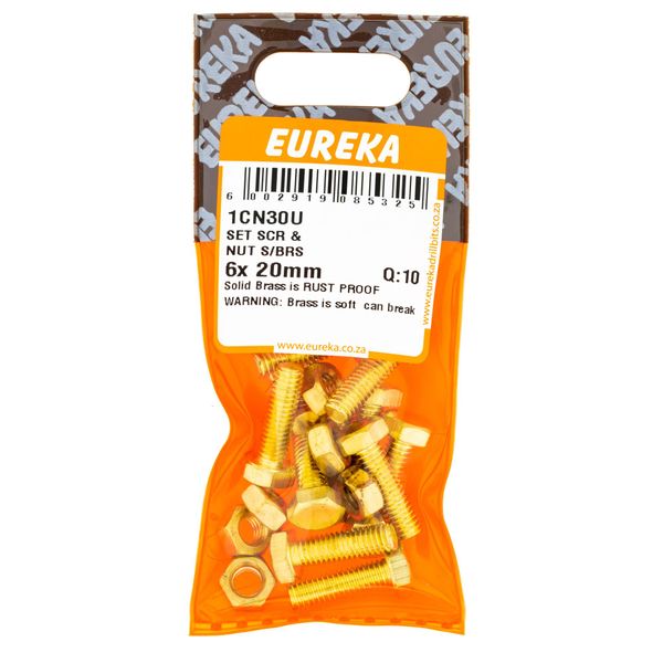 EUREKA Set Screw &amp; Nut Solid Brass 6 x 20mm Q:10 1CN30U