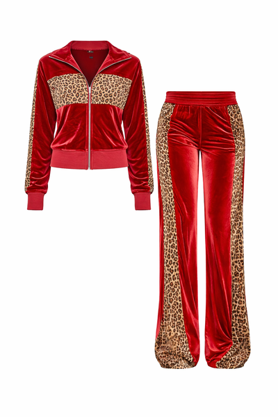 Secret Shield Red Velour Tracksuit With Leopard Accents