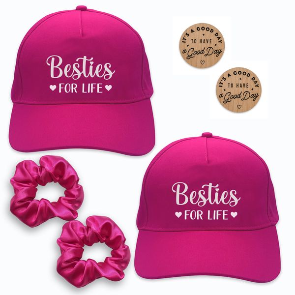 Hot Pink Matching Besties For Life Caps, Magnets &amp; Satin Scrunchies Set