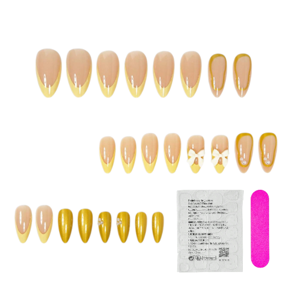 24Pcs French Tip &amp; Bow Accent Press-On Nail Set - Yellow