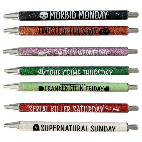 7Pcs Halloween Weekday Glitter Pen With Funny Sayings Ballpoint Pens