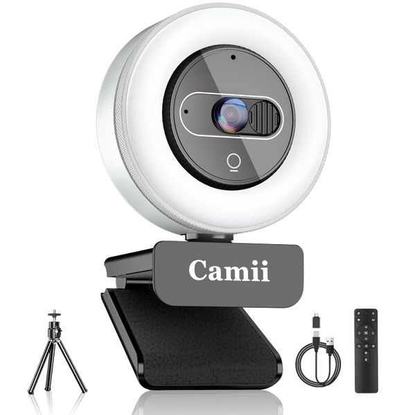 4K Webcam with Light, HD Webcam for PC with Control, Built-in Privacy Cover
