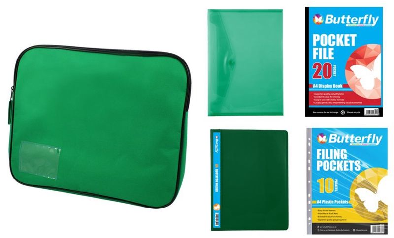 Stationery Pocket File, Folders &amp; Book Bag Bundle (Green)