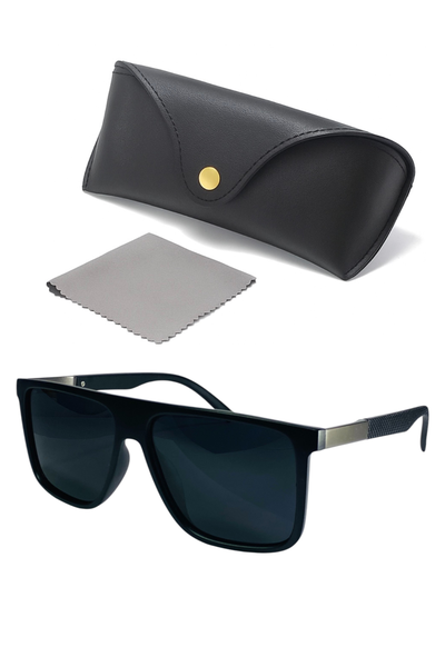 Classic Black Rectangular Polarized Sunglasses with Textured Metal Temples