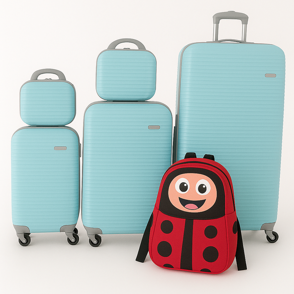 Family Luggage Set - 5pc Green Hardshell Suitcases + Kids Ladybug Backpack