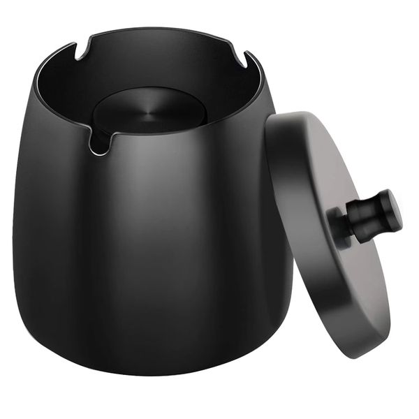Black Stainless Steel Ashtray With Lid Windproof Portable