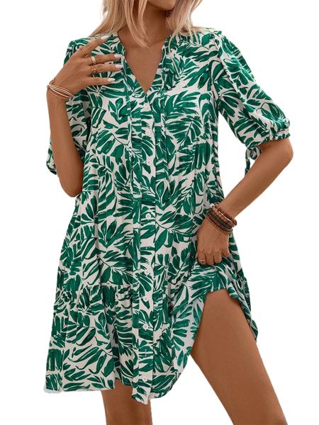 Women Summer Shirt Dress Button Down Leaf Print Beach Swing Vacation Dress