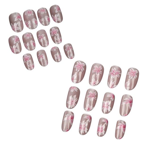 24 Piece - Shimmering Oval Press On Nails With Floral Elements - Dusty Rose