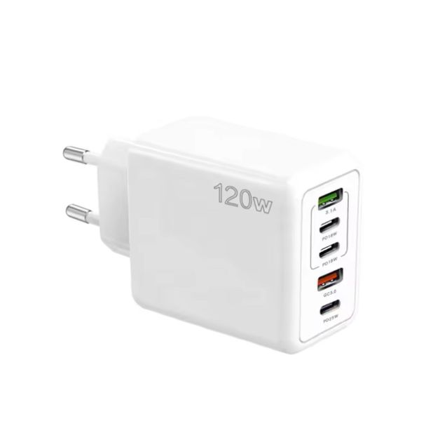 White 120W 3-in-1 Type-C + 2USB Multi-Port Adapter Fast Wall Charger Plug
