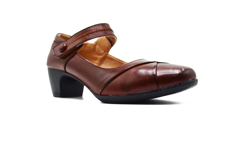 TTP Ladies Block Heel Courts Hook and Loop Strap with Detailed Vamp - Brown - Uk 4