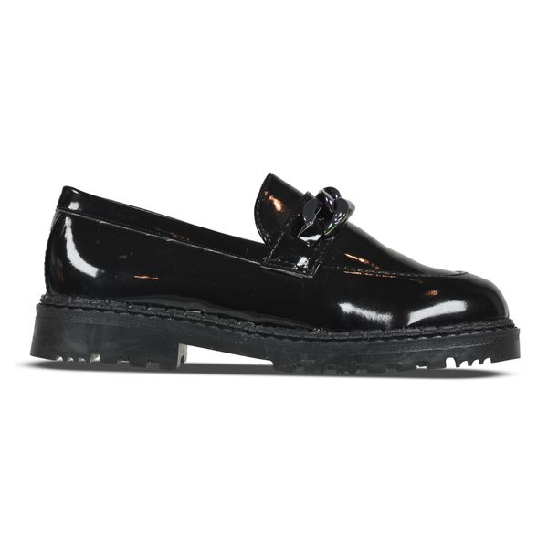 Junior Black Patent Leather Loafers with Chain Detail