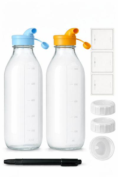 2 Pack 1L Glass Milk Bottles with Airtight Screw Lids &amp; Dispenser Caps