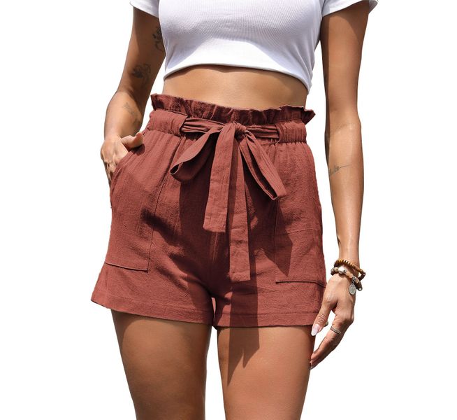 Women Summer Casual Short High Waisted Adjustable Tie Knot with Pockets