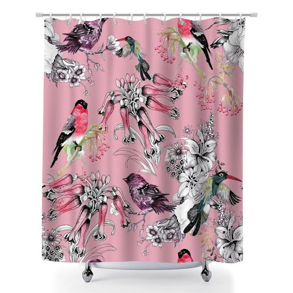 Botanical Bird Print Waterproof Shower Curtain Bathroom Decor Set with Hook