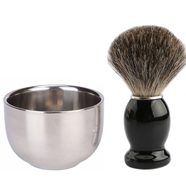 Stainless Steel Shaving Bowl and Premium Badger Hair Shaving Brush Set