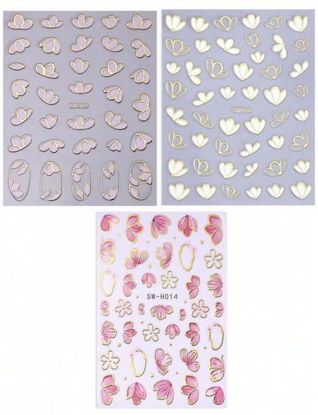 Flower Nail Art Stickers - Pink &amp; Gold (3 Sheets)