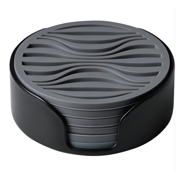 6 Piece Silicone Coasters Set With Holder For Drink Cup Barware - Grey