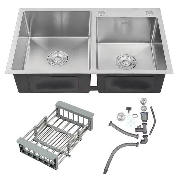 HOMMEX 304 Stainless Steel Double Bowls Kitchen Sink with Drain Basket