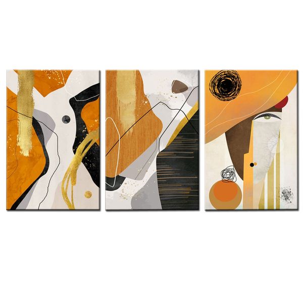 Canvas-Art-3 Pieces Gold Foil Painting Woman Abstract Wall Art