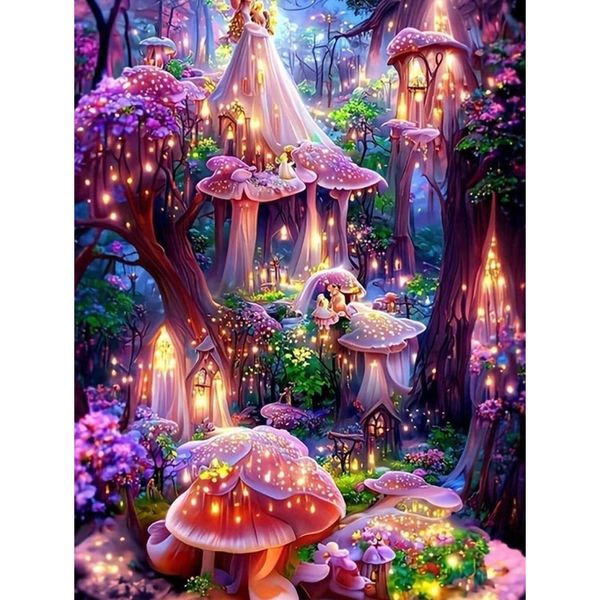 DIY 5D Diamond Kit, Round Drill Dreamy Mushroom Forest Full Drill