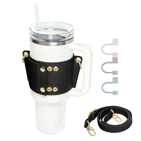 Adjustable 30-40OZ PU Coffee Mug Carrier with 3 Silicone Straw Tip Cover