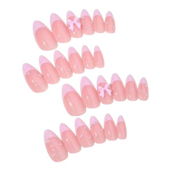 24pcs Gradient Pink Design Almond DIY Press On Nails With 3D Pink Bow