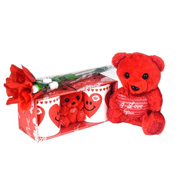 21cm &amp; Mini Red Teddy Bear ,Valentine's Day Couple Mugs &amp; Roses Set
