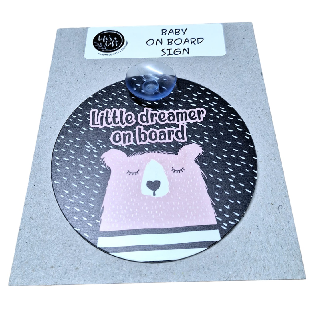 Baby On Board Sign - Little Dreamer on Board with Cute Pink Bear