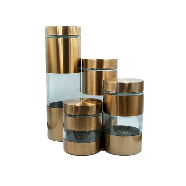 Canister Set 4 Piece Glass With Steel Decal And Lid - Kitchen Essentials