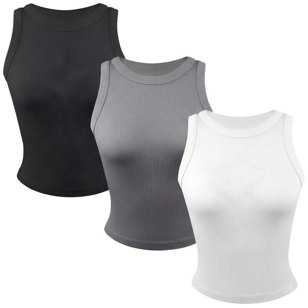 3-Pack Women's Ribbed Seamless Crew Neck Tank Tops - Slim Athletic Vest Set