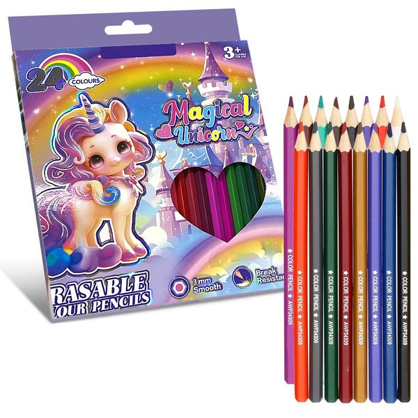 24 Colour - Magical Unicorn Erasable Colored Pencils Set
