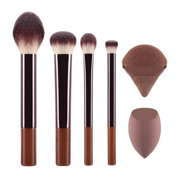 6 Piece Essential Makeup Brush Set With Beauty Blender &amp; Powder Puff - Pink