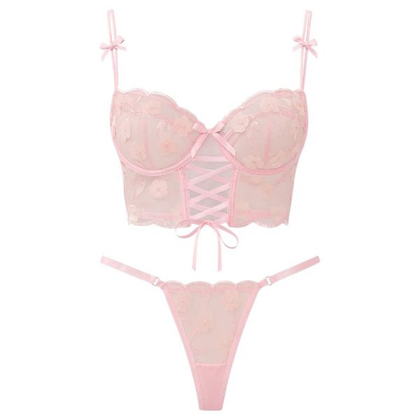 Luxury Floral Lace Corset Lingerie Set - Pink