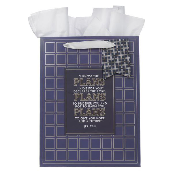 Portrait Gift Bag with Gift Tag - I Know the Plans, Grid, Navy