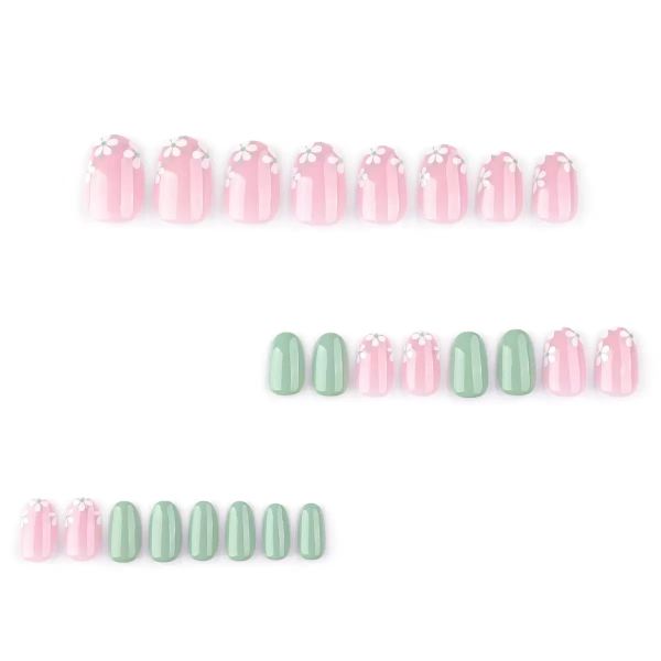Fresh And Elegant Green French Flower False Nail Art
