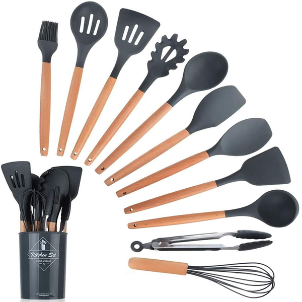 Kitchen Utensils Set of 12 Silicone Non Stick Includes Holder - Aqua Mint