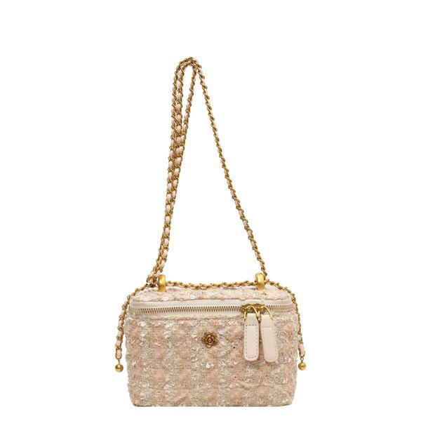 Mini Tweed Chain Crossbody Bag Model Beige-Pink 1 Piece