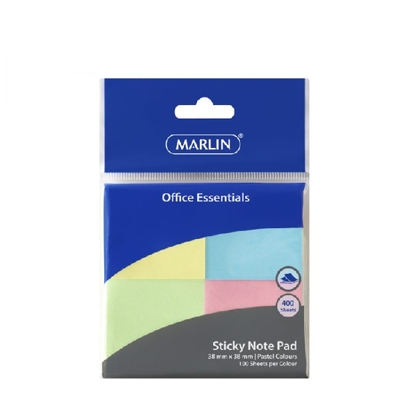 Marlin Office Sticky Note pad 38 x 38mm 100 sheets x 4 Pastel - 12 Pack