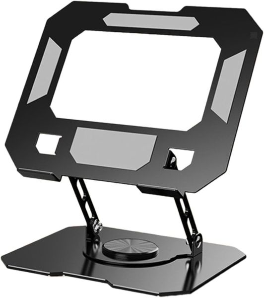 Adjustable metal laptop stand with a 360 rotatable base.