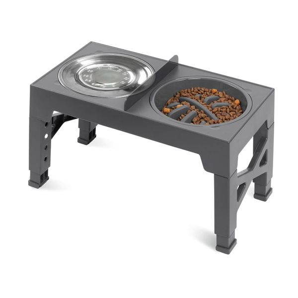 5-Height Adjustable Dog Feeder Stainless Bowls &amp; Slow Feeder