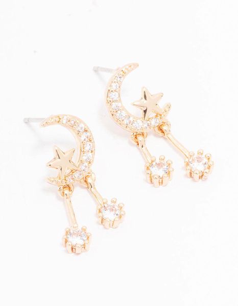 Gold Cubic Zirconia Moon &amp; Star Drop Earrings