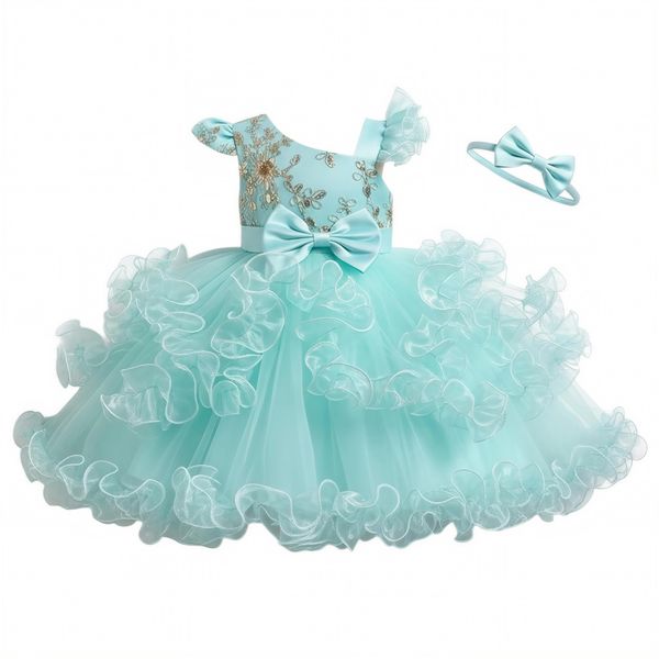 Sequin Floral Embroidered Ruffle Dress with Matching Headband for Girls