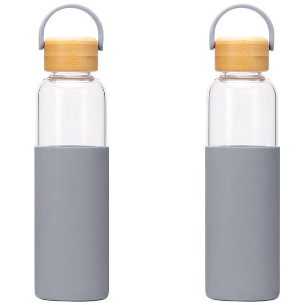 2 Pack Sleek Glass Water Bottle With Protective Silicone Sleeve - Grey