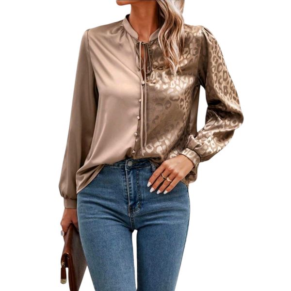 Women Rose Gold Polyester, Woven, Satin Long Sleeve Tie-Neck Blouse