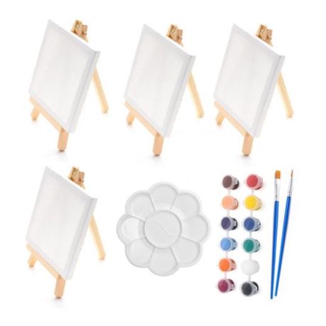 Craft Art Mini Painting Canvas and Easels (10cm) with Paint - Set of 9